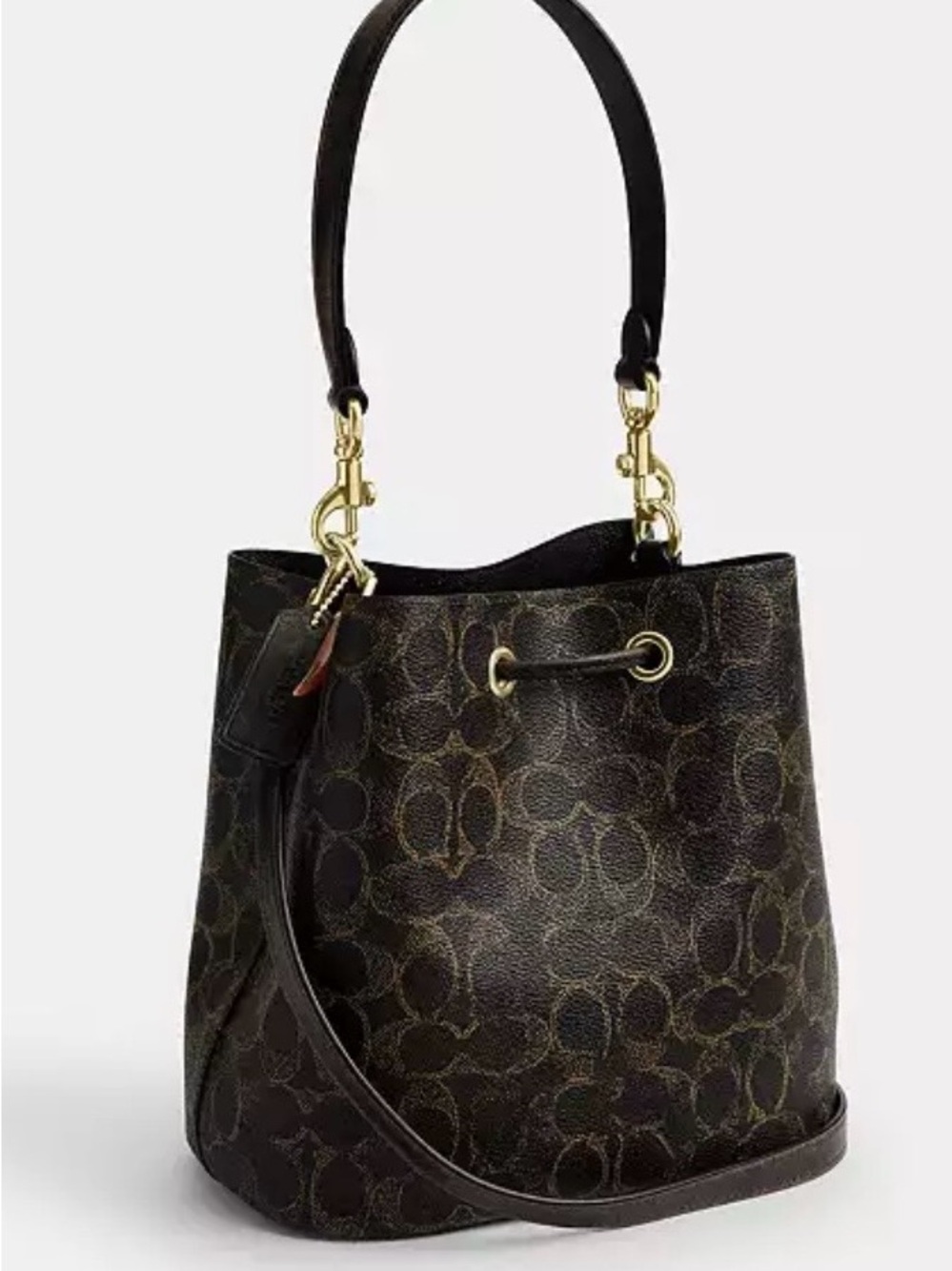 Coach Dark Brown Signature Canvas Bucket Bag with Gold Hardware